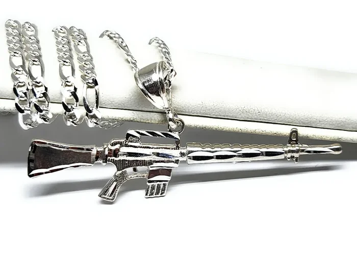 .925 SILVER M-16 RIFLE MACHINE GUN Pendant Necklace with Figaro Chain