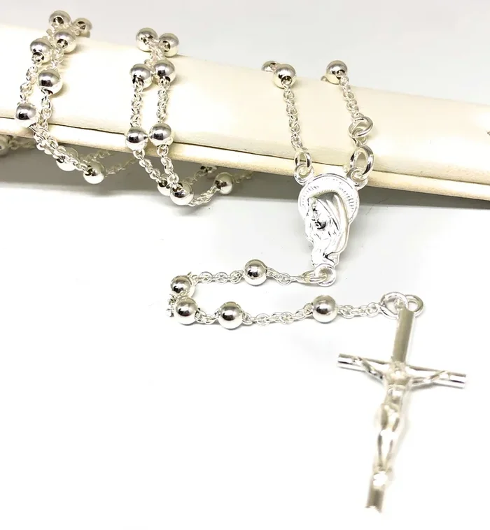 .925 Silver Virrgin Marry Rosarry Jesus Crucifix 30 inch 4mm Rossario