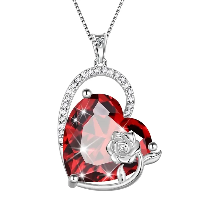 925 Sterling Silver 15MM Heart Necklace Women January Birthstone Garnet Jewelry Red Rose Flower Pendant Mother Birthday Valentine’s Day Xmas Gift