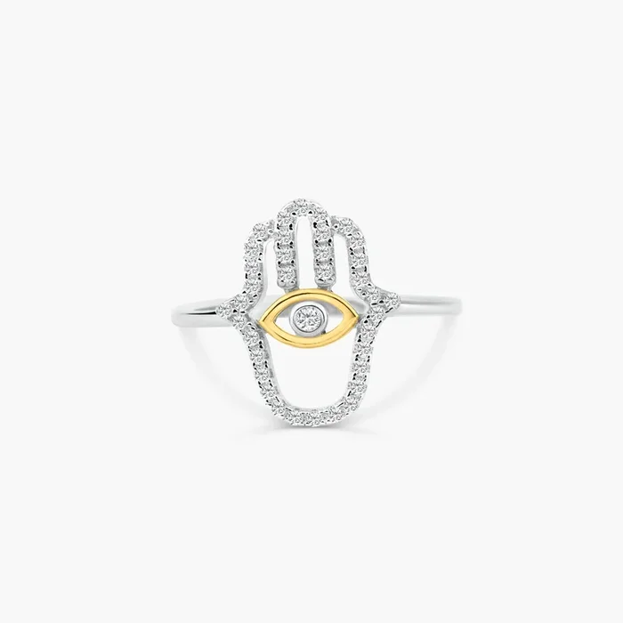 925 Sterling Silver 2 Toned Plated Hamsa Hand Clear CZ Ring – BGR01359