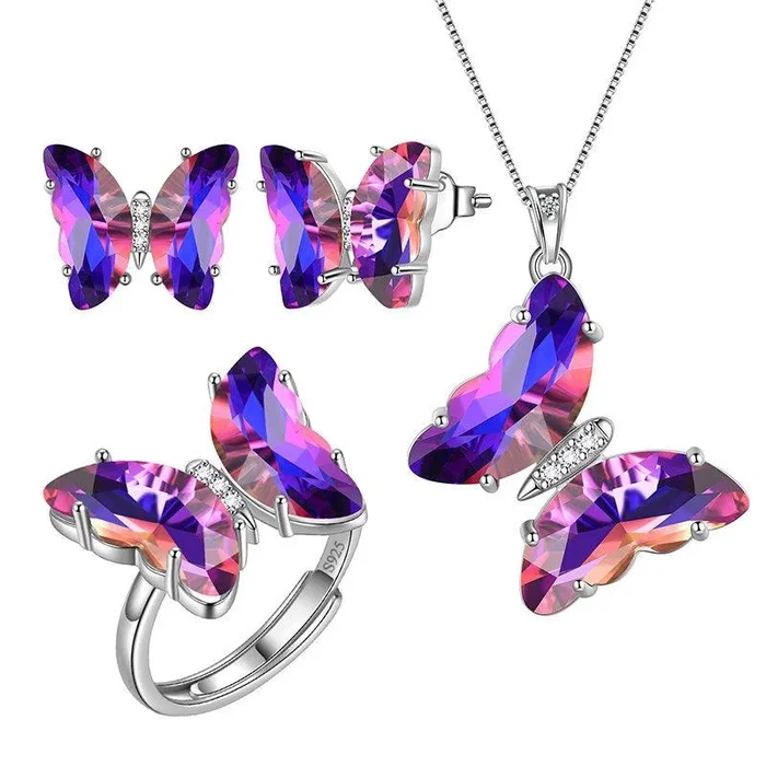 925 Sterling Silver Butterfly Jewelry Set 4PCS Birthstone Crystal Women Jewelry Gifts