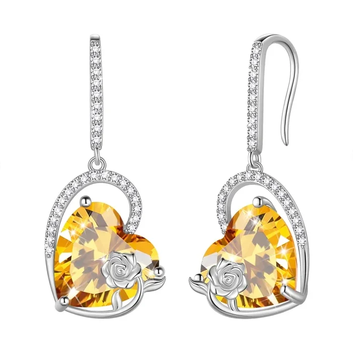 925 Sterling Silver Earrings Women Heart November Birthstone Hook Dangle Earring Citrine Yellow Rose Flower Jewelry Mother Wife Christmas Birthday Gift