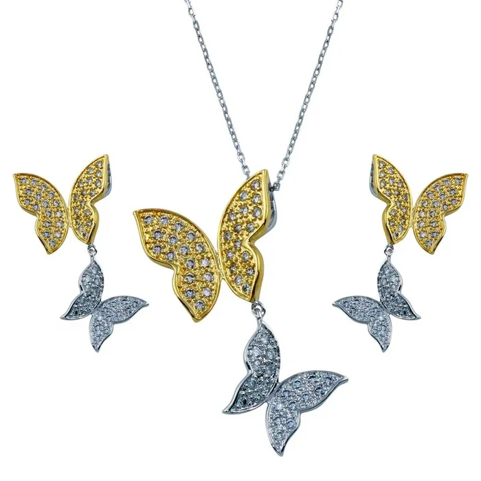 925 Sterling Silver Rhodium and Gold Plated Clear Butterfly CZ Dangling Matching Set – BGS00130