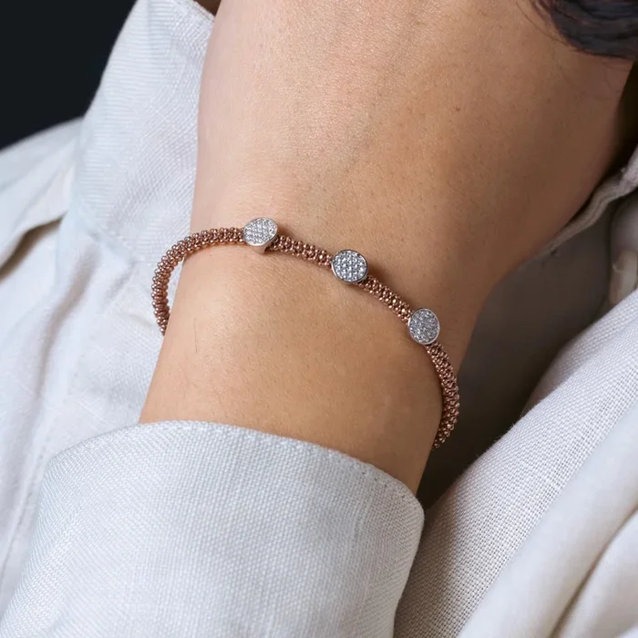 925 Sterling Silver Rhodium and Rose Gold Plated 3 Circle Clear CZ Italian Bracelet – ITB00154PNK-RH