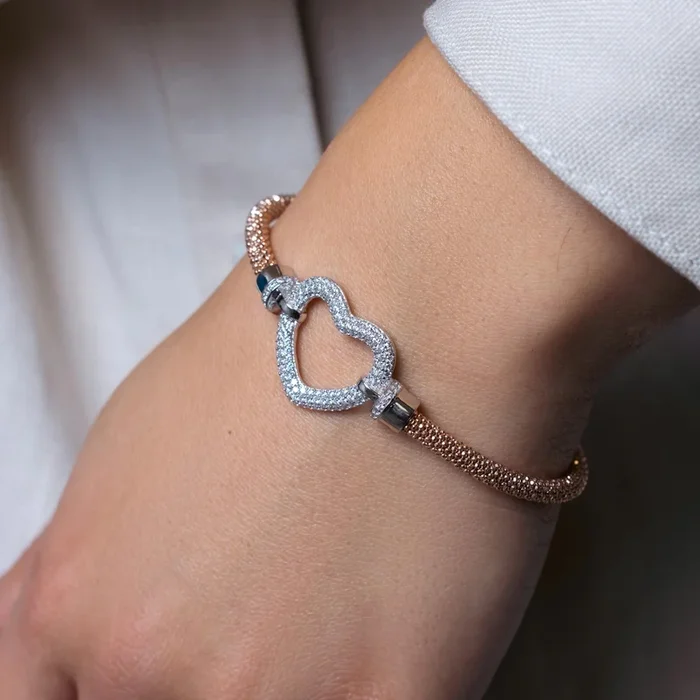 925 Sterling Silver Rhodium and Rose Gold Plated Open Heart Bracelet – ITB00181RGP-RH