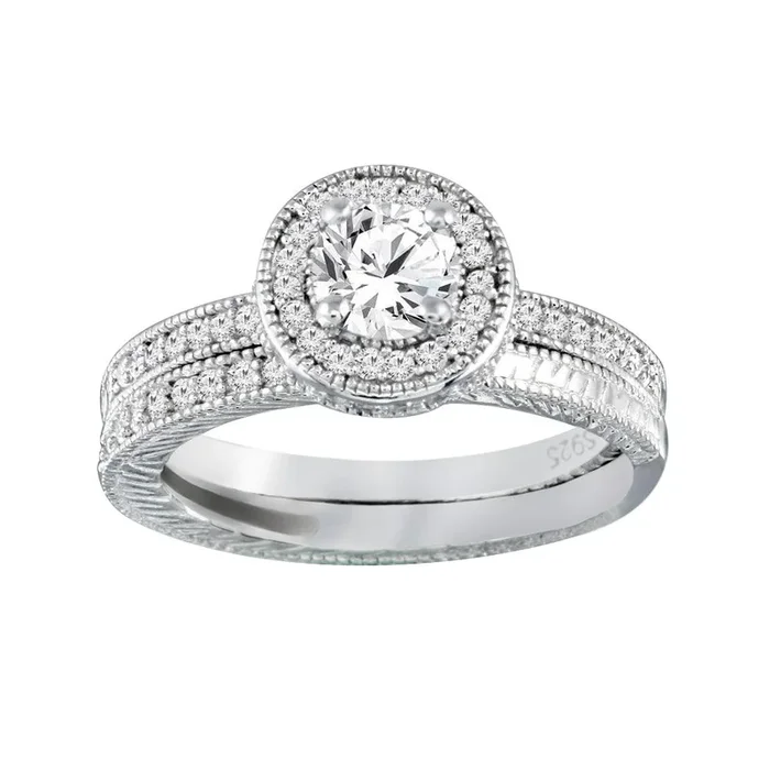 925 Sterling Silver Rhodium Plated Micro Pave CZ Engagement Ring Set – ACR00023