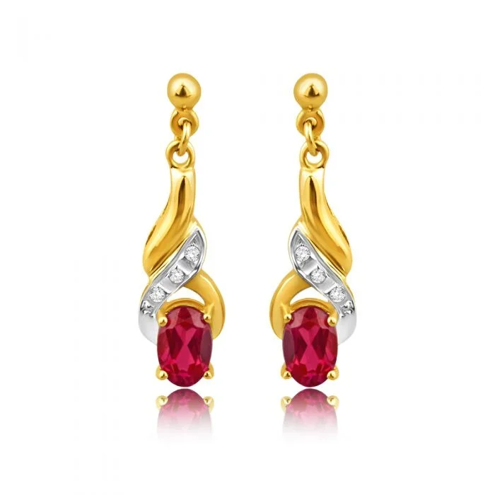 9ct Alluring Yellow Gold Created Ruby + Diamond Drop Earrings