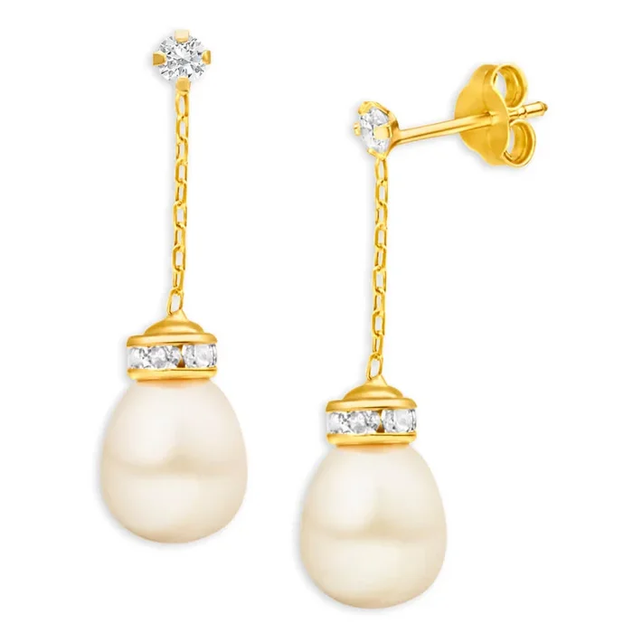 9ct Elegant Yellow Gold Cubic Zirconia + Pearl Drop Earrings
