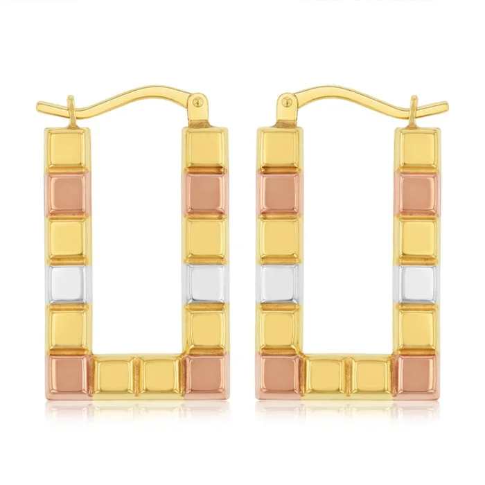 9ct Multitone Gold Silverfilled Patterned Rectangle Hoop Earrings