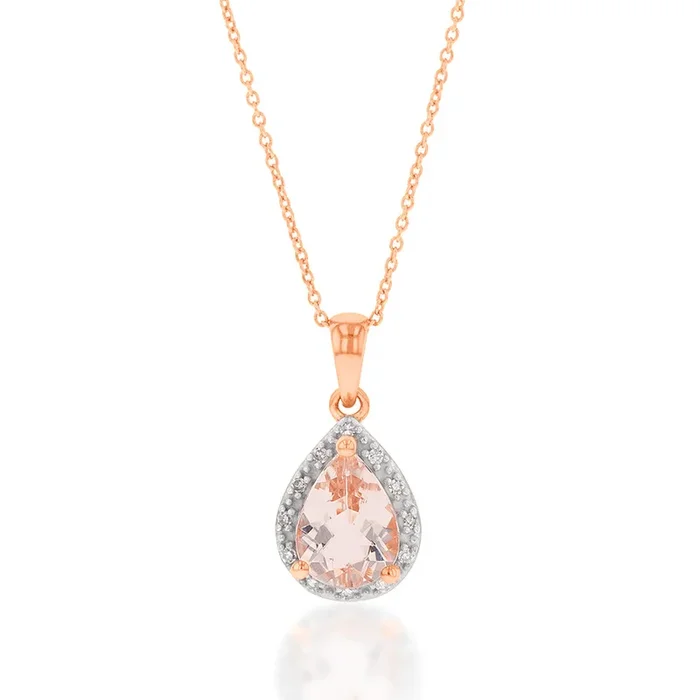 9ct Rose Gold 1.00ct Morganite 8x6mm Pear & Diamond Pendant with 45cm Chain