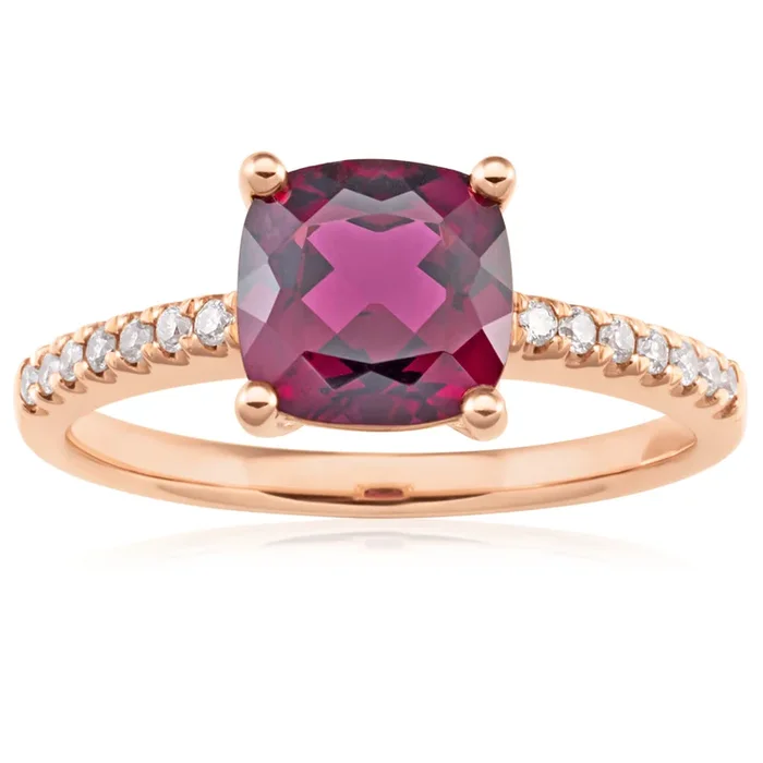 9ct Rose Gold 7mm Cushion Cut Rhodolite Garnet Ring with 0.11ct Diamonds
