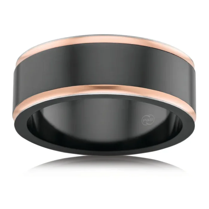 9ct Rose Gold and Zirconium 8mm Gents Ring. Sizes T/U