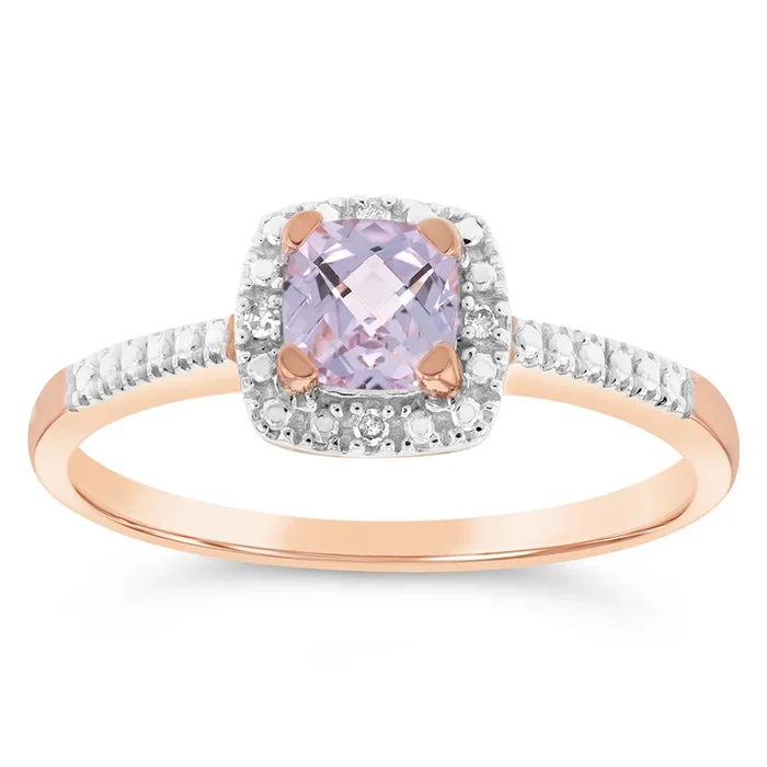 9ct Rose Gold Created Morganite And Diamond Cushion Ring