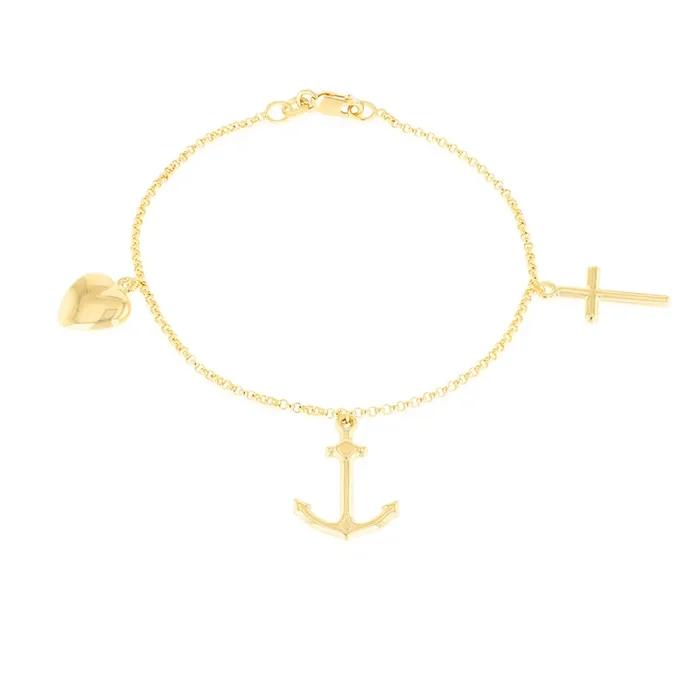 9ct Silverfilled Heart-Anchor-Cross Charm Fancy Bracelet
