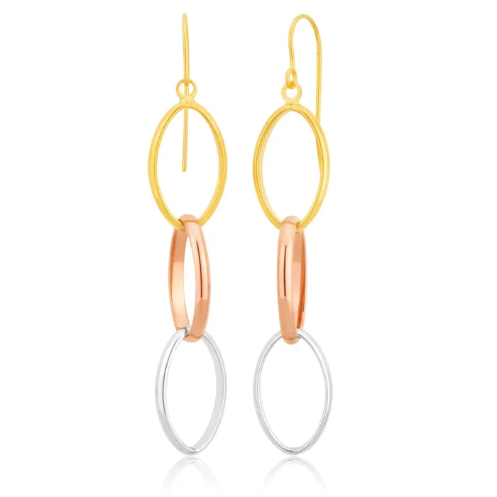9ct Three Tone Gold Silver Filled Triple Circle 40mm Drops Earrings