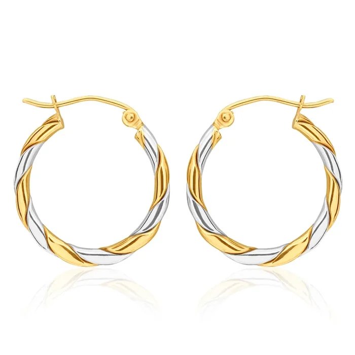 9ct two tone Gold 15mm Hoops with a Twist