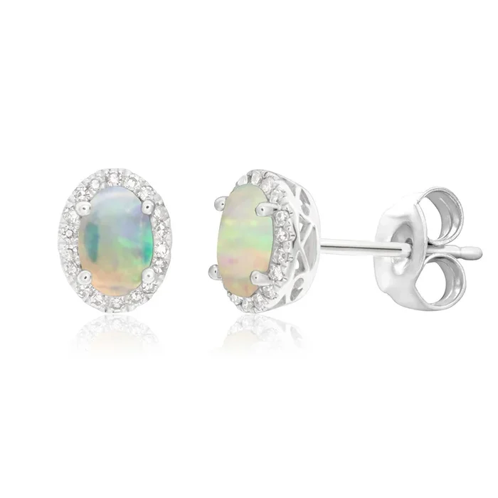 9ct White Gold 0.25ct Natural White Opal and Diamond Stud Earrings