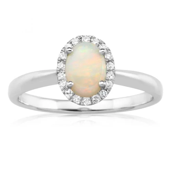 9ct White Gold 0.45ct Natural White Opal and Diamond Halo Ring