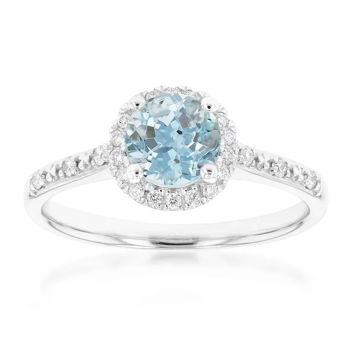 9ct White Gold 0.75ct Aquamarine and 1/10 Carat Diamond Halo Ring