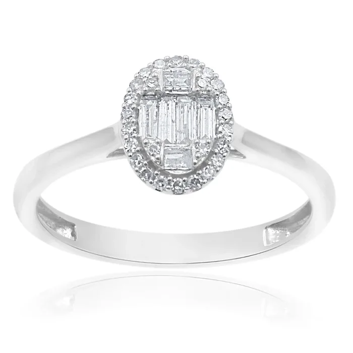 9ct White Gold Diamond Ring With 26 Brilliant and 6 Baguette Cut Diamonds