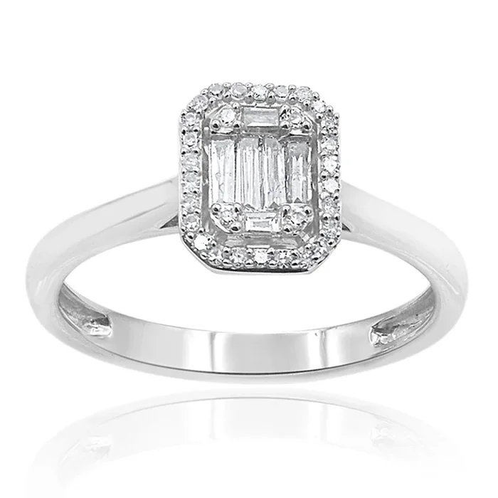 9ct White Gold Diamond Ring With 30 Brilliant and 6 Baguette Cut Diamonds
