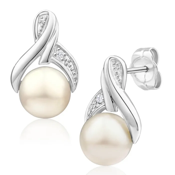 9ct White Gold Freshwater Pearl and Diamond Stud Earrings