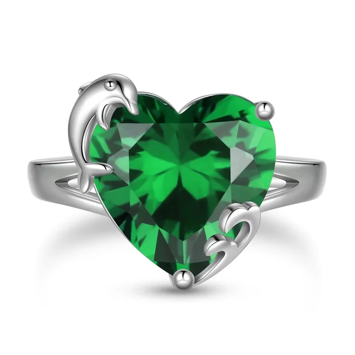 9Ct Women Heart Ring 925 Sterling Silver Dolphin May Birthstone Emerald Green Solitaire Ring Jewelry Birthday Mother’s Day Gift