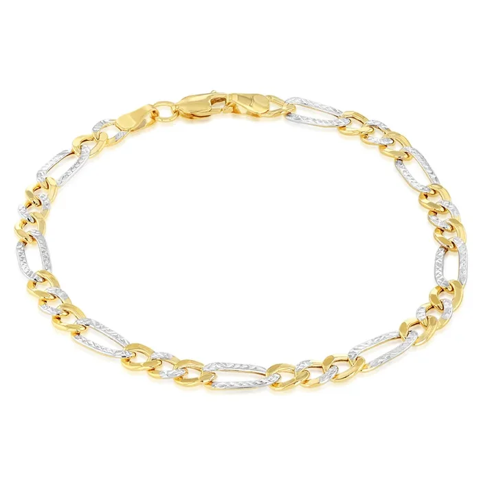 9ct Yellow And White Two-Tone Gold Diamond Cut Hollow 19cm Figaro Bracelet