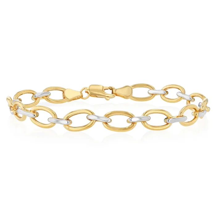 9ct Yellow And White Two Tone Gold Link Chain Hollow 19cm Bracelet