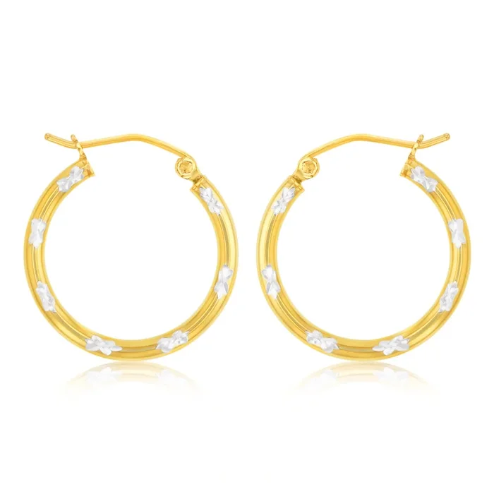 9ct Yellow And White Two Tone Gold Silverfilled Diamond Cut 2 X 20mm Hoop Earrings