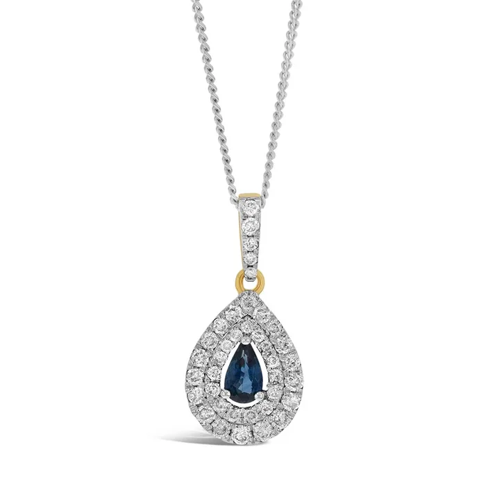 9ct Yellow Gold 0.24ct Natural Blue Sapphire and 0.39ct Diamond Double Halo Pendant