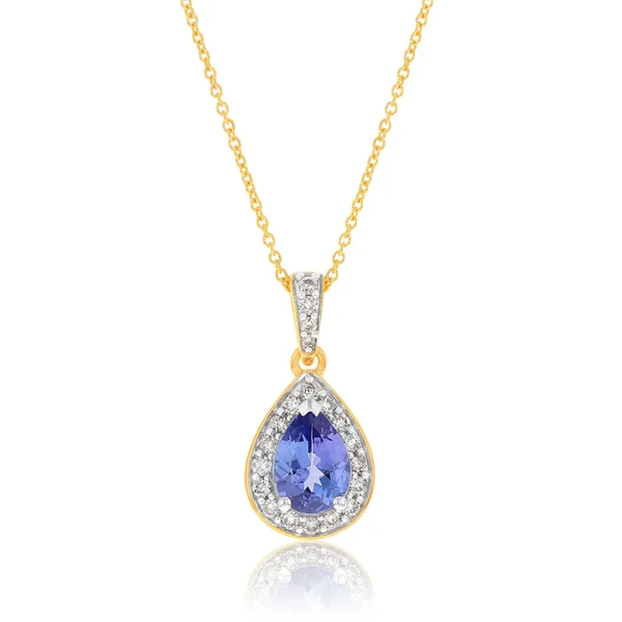 9ct Yellow Gold 0.75ct Tanzanite and 0.15 Carat Diamond Pear Pendant on 45cm Chain