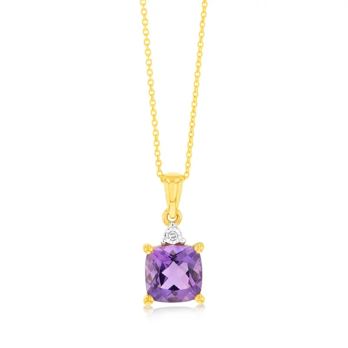 9ct Yellow Gold 1.4ct Amethyst and Diamond Pendant