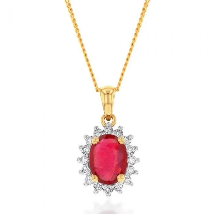 9ct Yellow Gold 1.60ct Natural Enhanced Ruby and Diamond Pendant
