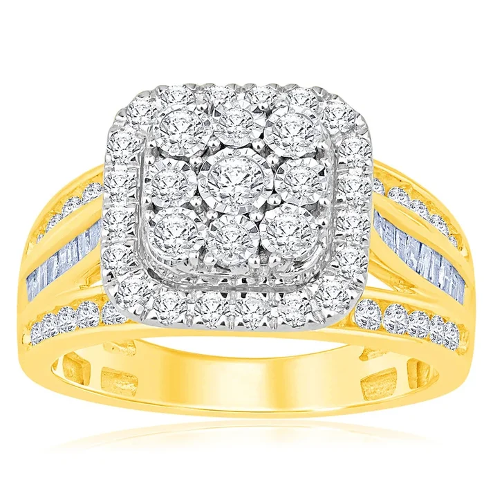 9ct Yellow Gold 1 Carat Diamond Cushion Cluster Ring