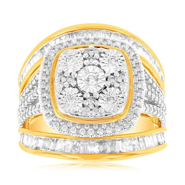 9ct Yellow Gold 1 Carat Diamond Square Cushion Shape Cluster Dress Ring
