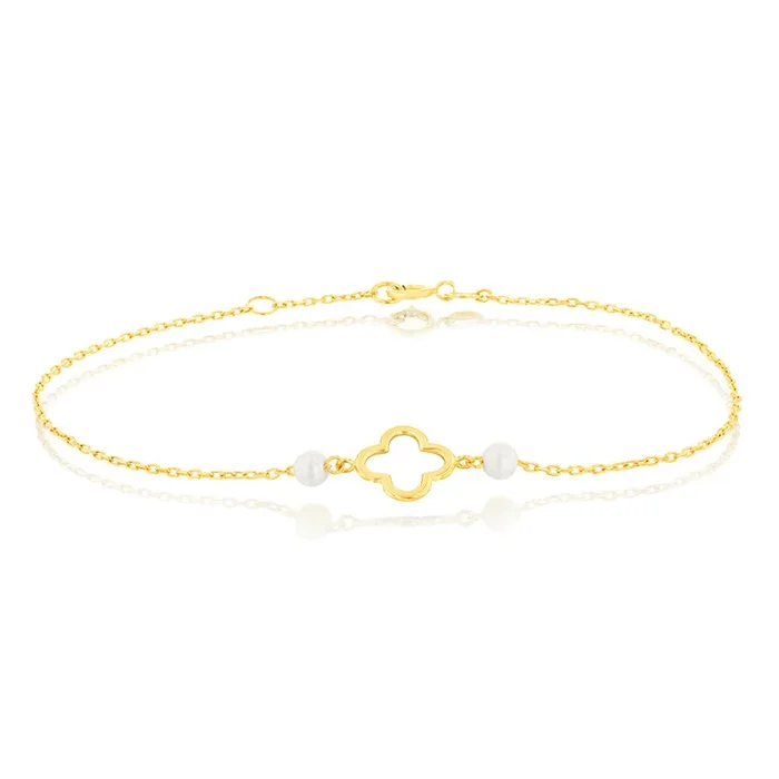 9ct Yellow Gold 19.10cm Leaf Clover and Pearl Bracelet