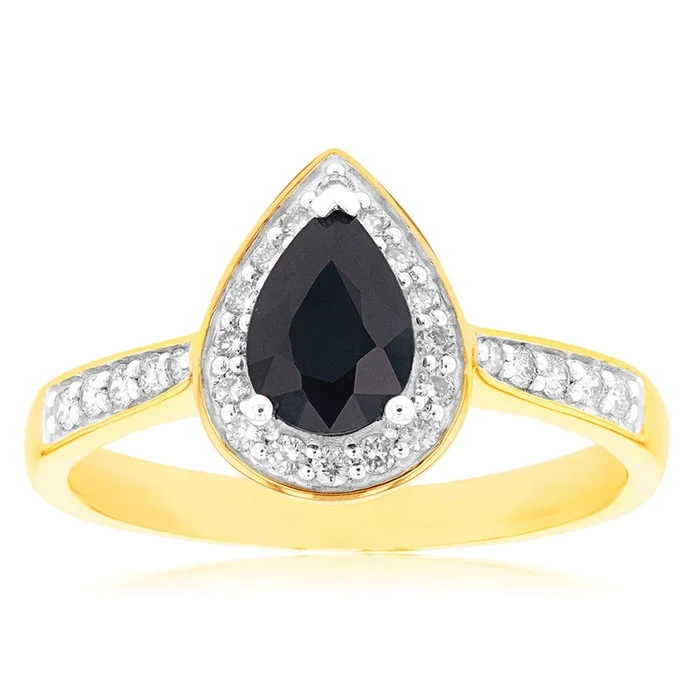 9ct Yellow Gold 1ct Natural Sapphire and 1/5 Carat Diamond Pear Halo Ring