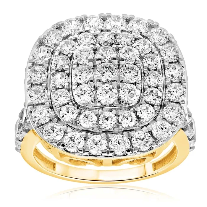 9ct Yellow Gold 4 Carat Diamond Cushion Shape Cluster Ring