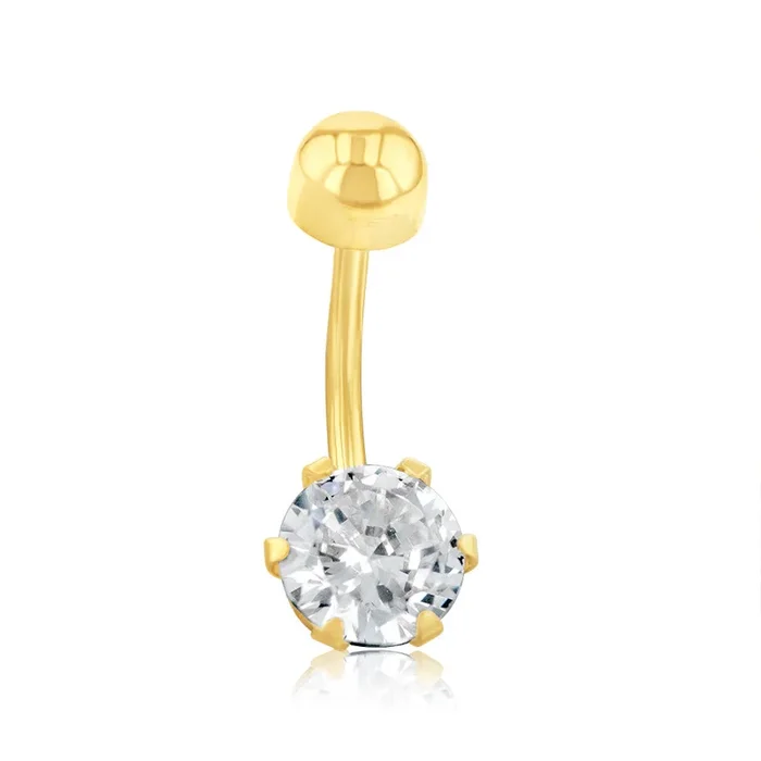 9ct Yellow Gold 6mm Round Cubic Zirconia 6 Claw Belly Bar
