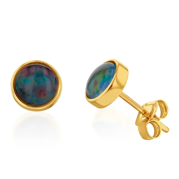 9ct Yellow Gold 6mm Triplet Opal Bezel Studs