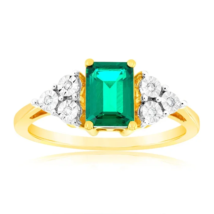 9ct Yellow Gold 7mm Created Emerald And Diamond Ring