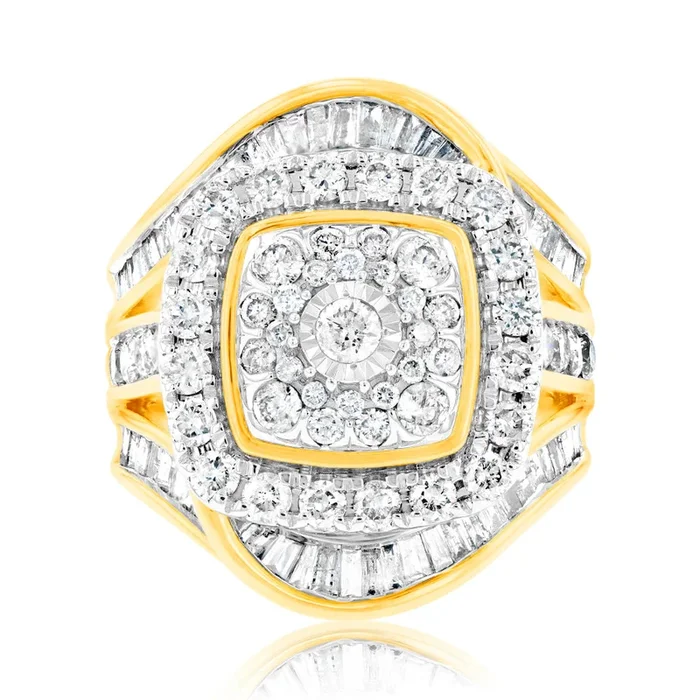 9ct Yellow Gold “3 Carats Look” TW 2 Carat Diamond Ring with Brilliant and Tapered Baguette Diamonds