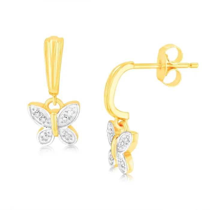 9ct Yellow Gold Butterfly Drop Earrings in 12 Diamonds
