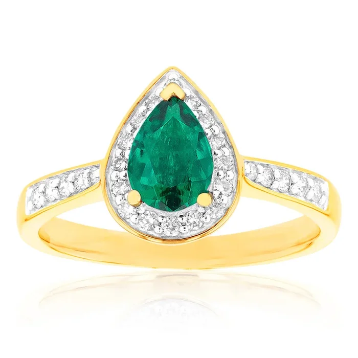 9ct Yellow Gold Created Emerald and 1/5 Carat Diamond Pear Halo Ring