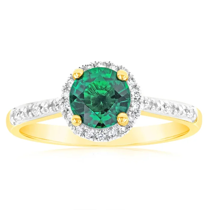 9ct Yellow Gold Created Emerald and Diamond Halo Ring