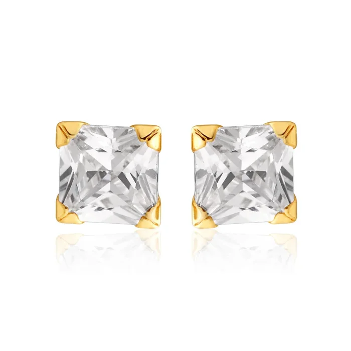 9ct Yellow Gold Cubic Zirconia 4mm Princess Stud Earrings