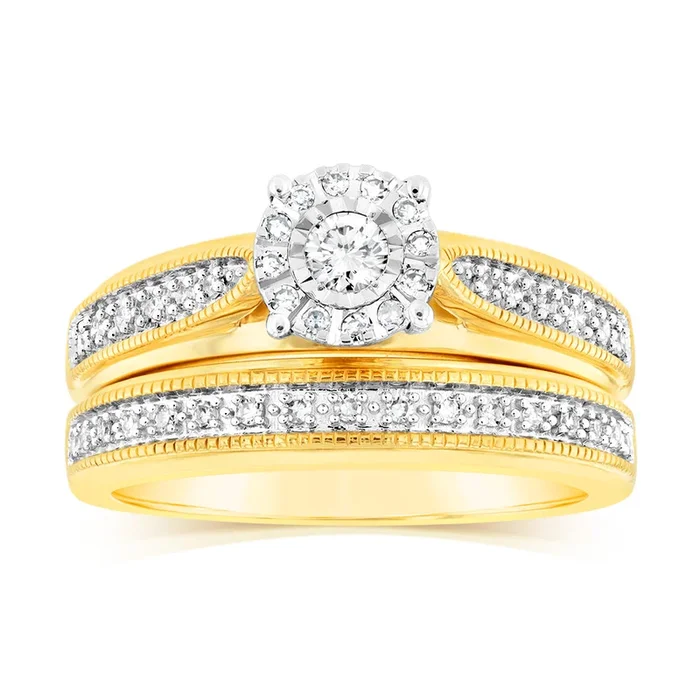 9ct Yellow Gold Cushion Shaped Bridal Ring Set in 0.30 Carat Natural Diamonds
