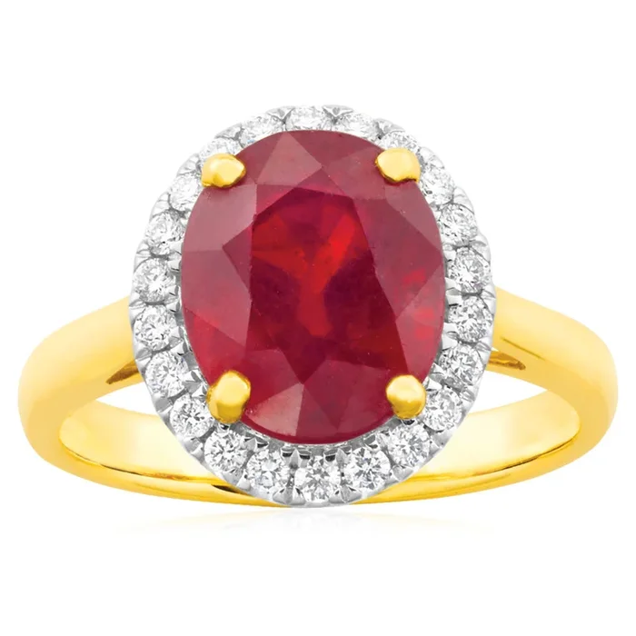 9ct Yellow Gold Diamond 4.3ct Natural Enhanced/Heat Treated Ruby and 1/4 Carat Diamond Ring