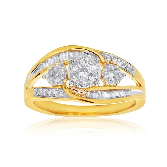 9ct Yellow Gold Diamond Ring Set With An Assortment Of Brilliant and Baguette Diamonds